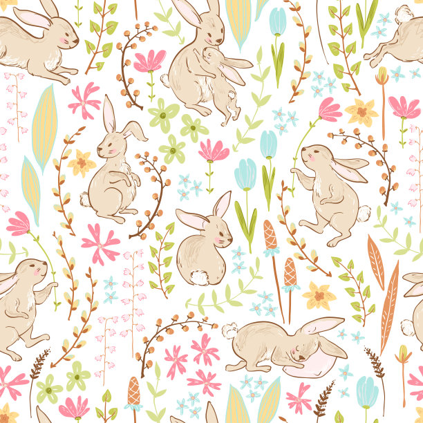 卡通兔子花朵印花图案四方连续