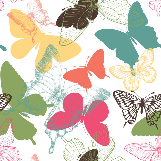 蓝白花卉蝴蝶图案素材