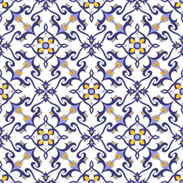 蓝白几何花朵无缝图案