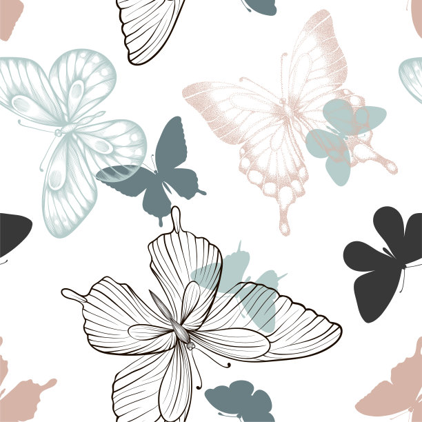 蓝白花卉蝴蝶图案素材