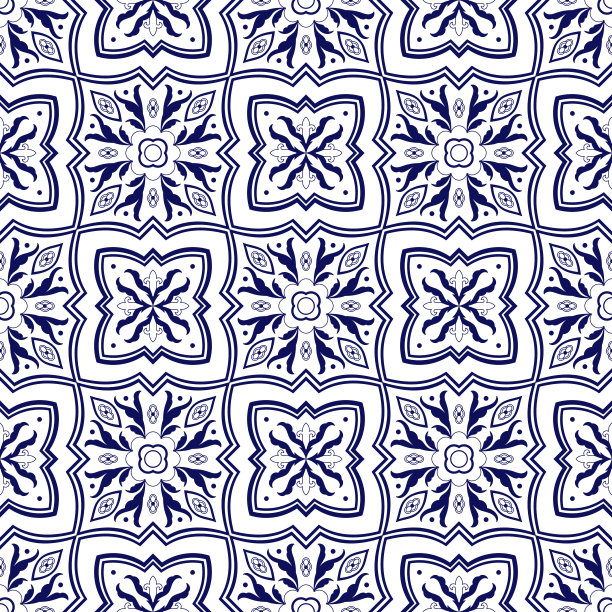 蓝白几何花朵无缝图案