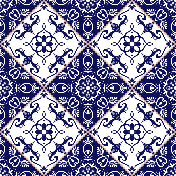 蓝白几何花朵无缝图案