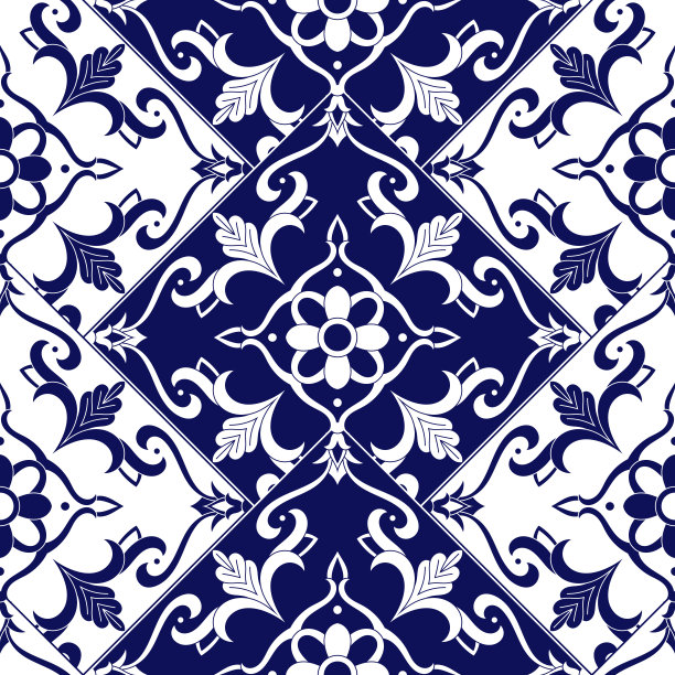 蓝白几何花朵无缝图案