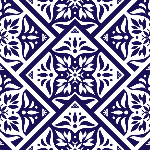 蓝白几何花朵无缝图案