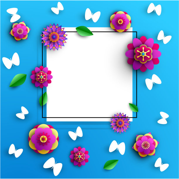 蓝白花卉蝴蝶图案素材