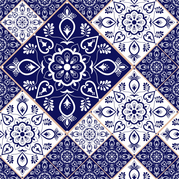 蓝白几何花朵无缝图案