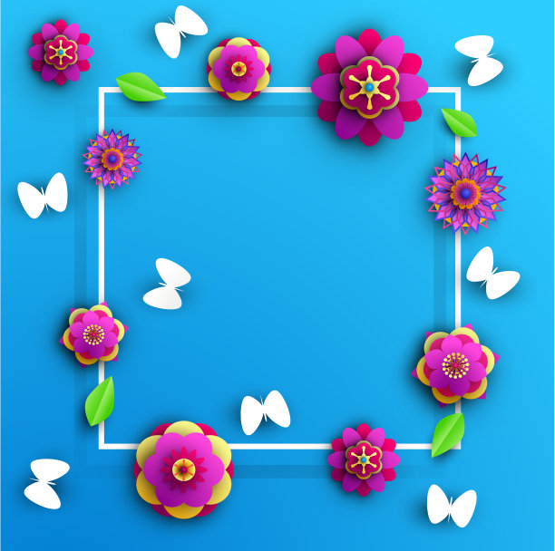 蓝白花卉蝴蝶图案素材