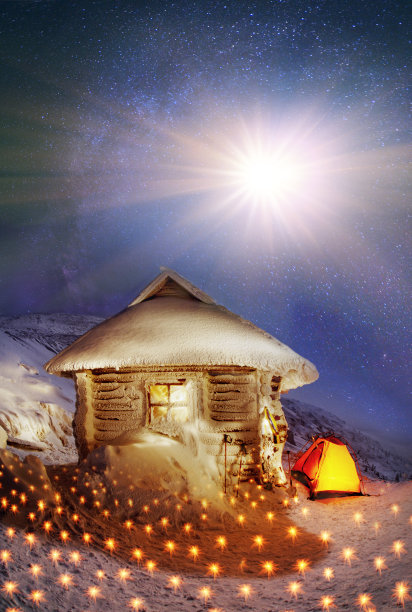 冬天夜晚冰雪天空木屋旅店灯光