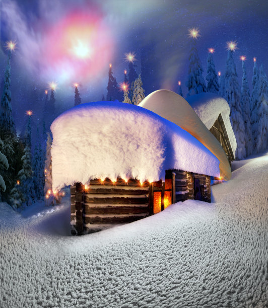 冬天夜晚冰雪天空木屋旅店灯光