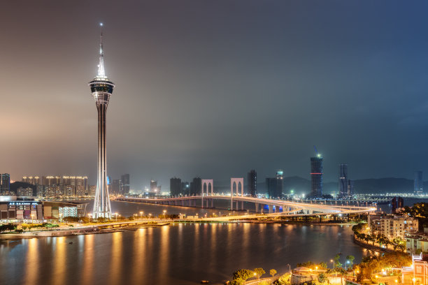 澳门城市建筑天际线和滨海夜景