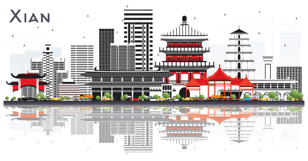 西安城市地标建筑背景插画