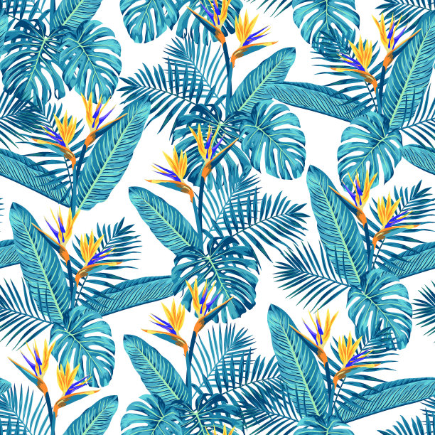 清新蓝绿棕榈叶图案背景