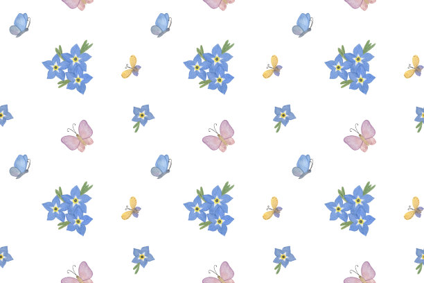 蓝白花卉蝴蝶图案素材