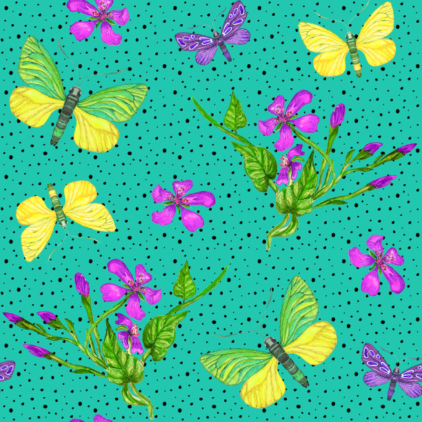 蓝白花卉蝴蝶图案素材