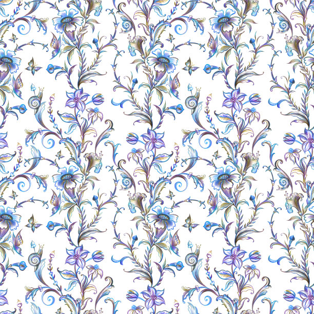 蓝白花卉蝴蝶图案素材