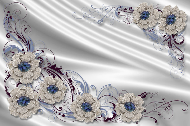 蓝白花卉蝴蝶图案素材