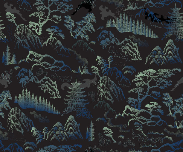 矢量中式山水线条插画