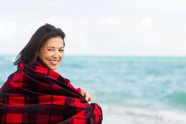 冬天海滩上微笑的女人的肖像