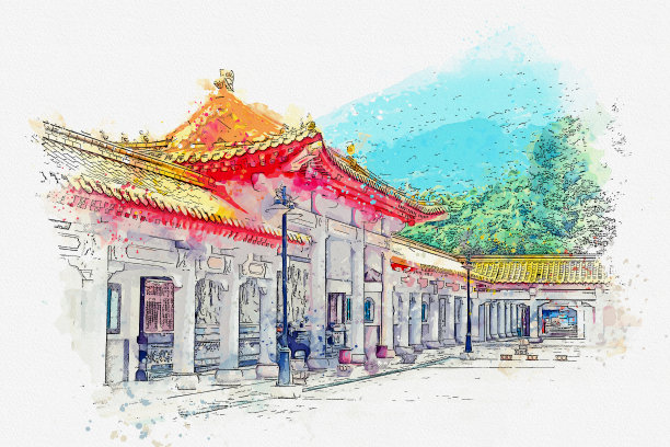 中国风水彩建筑插画