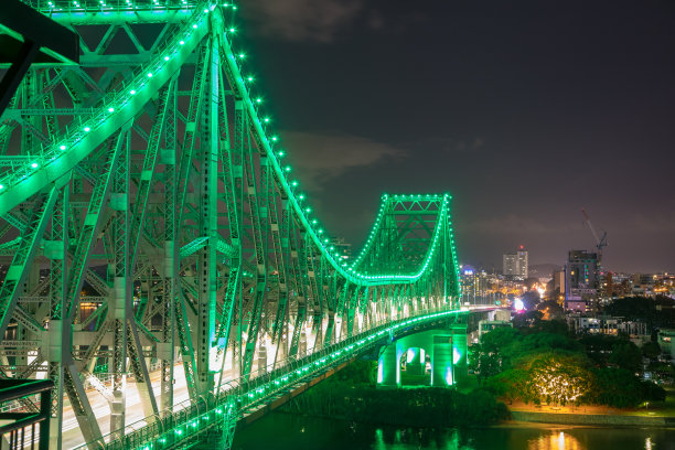 灯火通明的城市钢铁大桥
