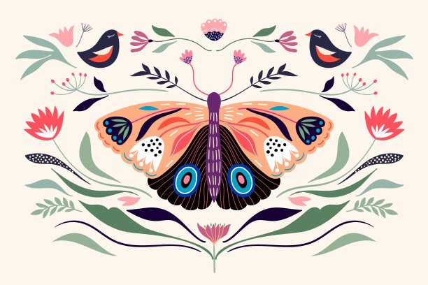 蝴蝶与花卉图案矢量
