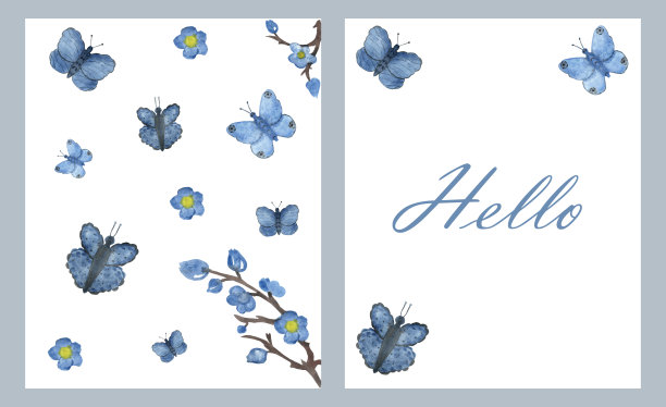 蓝白花卉蝴蝶图案素材