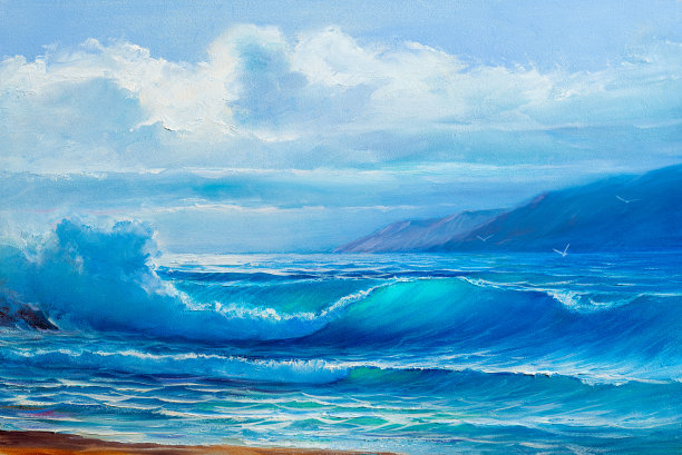 蓝色海洋沙滩抽象油画