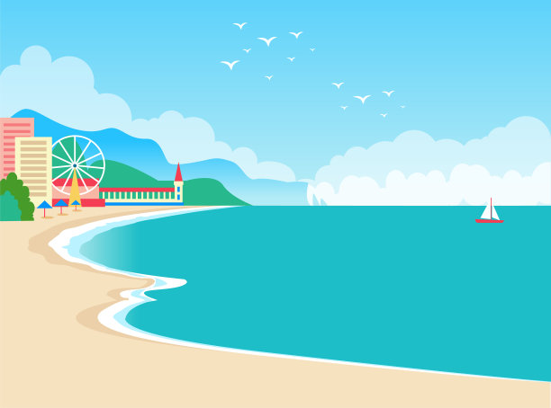 彩色夏季大海和沙滩风景矢量图