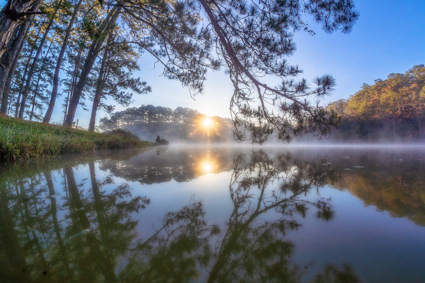 蓝天下的湖面秋景