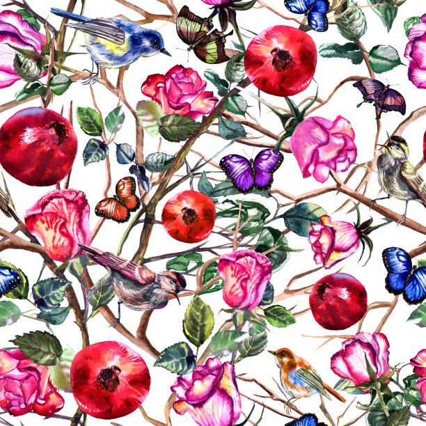 蓝白花卉蝴蝶图案素材