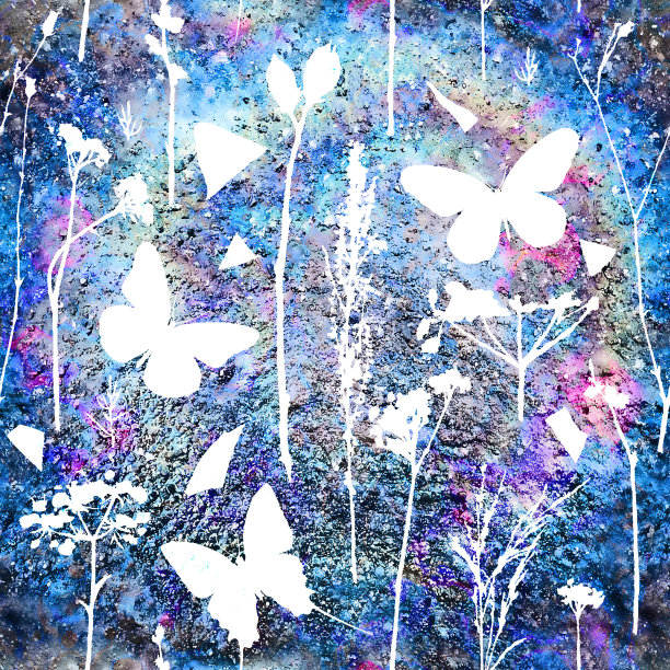 蓝白花卉蝴蝶图案素材