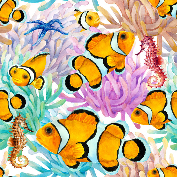 水彩夏季热带鱼图案背景