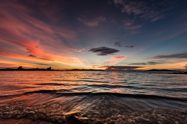 大海沙滩夕阳云彩天空高清图片