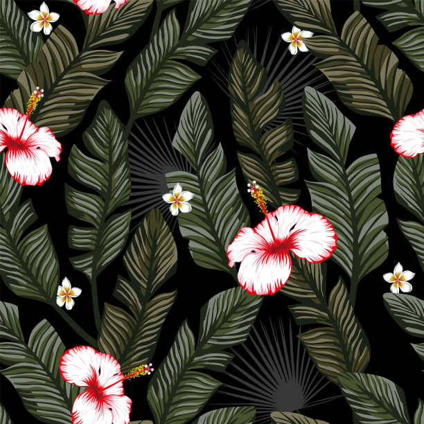 热带植物花卉四方连续底纹