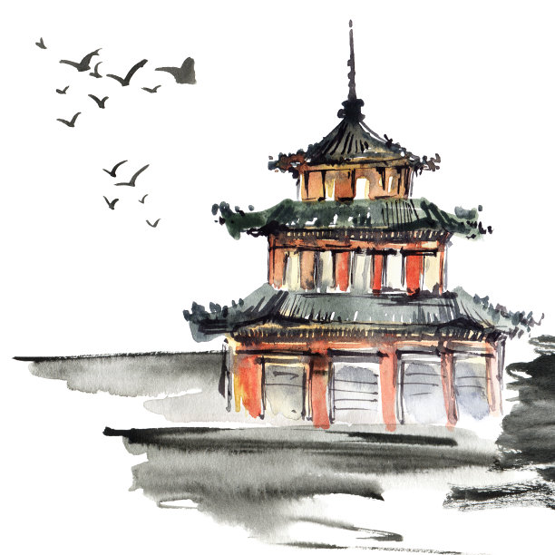 中国水彩水墨建筑
