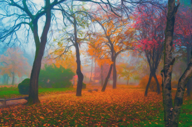 秋季公园油画