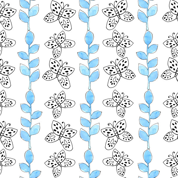 蓝白花卉蝴蝶图案素材