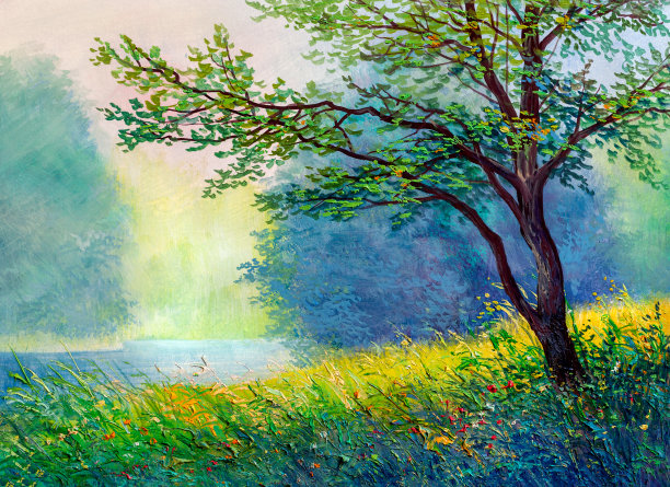 湖畔风景油画