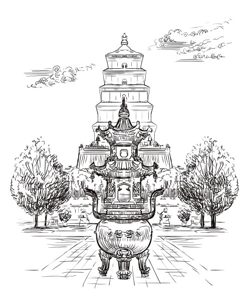 西安城市地标建筑背景插画