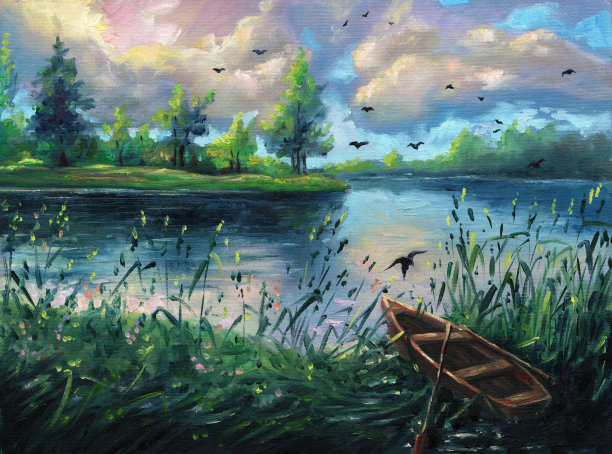 湖畔油画