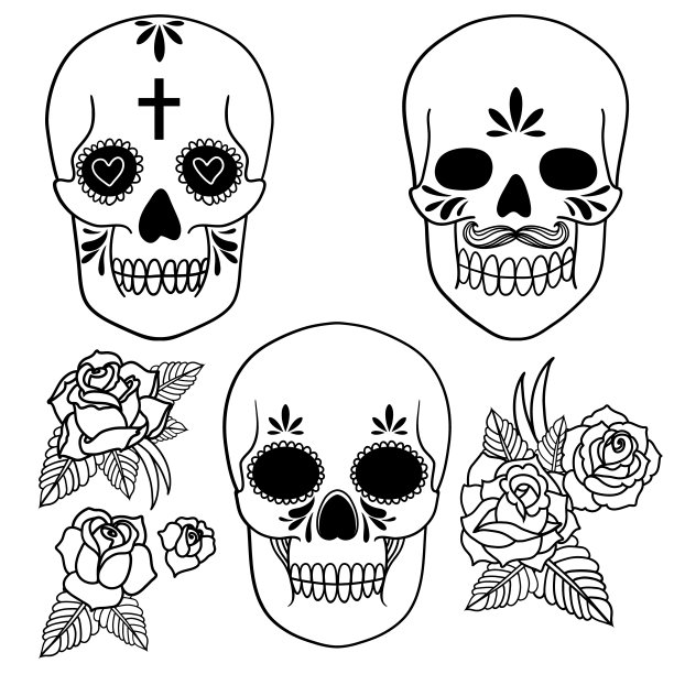 纹身骷髅花朵