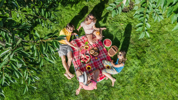 坐在公园草坪上野餐的家人