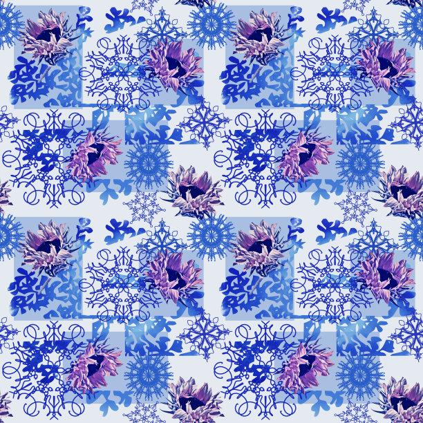 蓝白几何花朵无缝图案