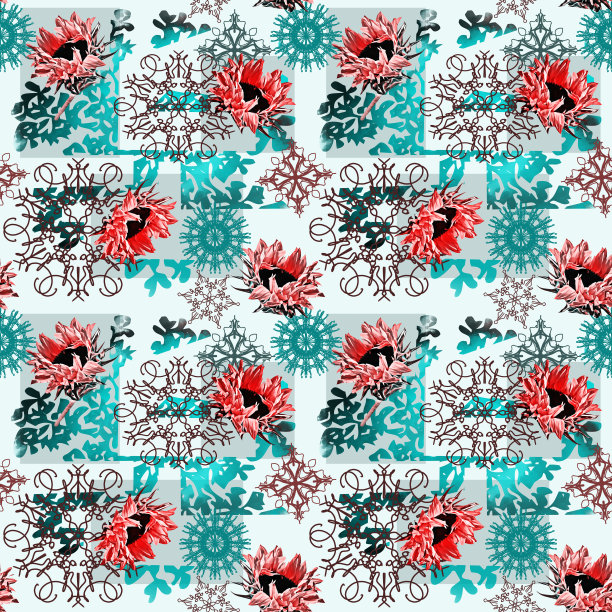 蓝白几何花朵无缝图案