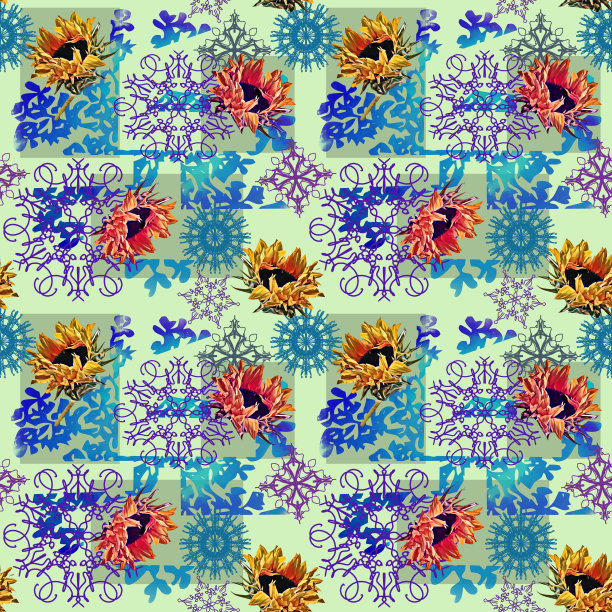 蓝白几何花朵无缝图案