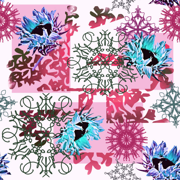 蓝白几何花朵无缝图案