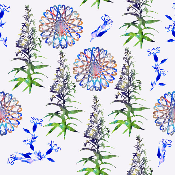 蓝白几何花朵无缝图案