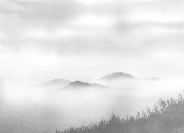 黑白抽象远山山水画