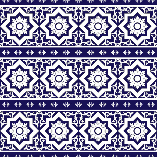 蓝白几何花朵无缝图案