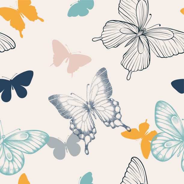 蓝白花卉蝴蝶图案素材